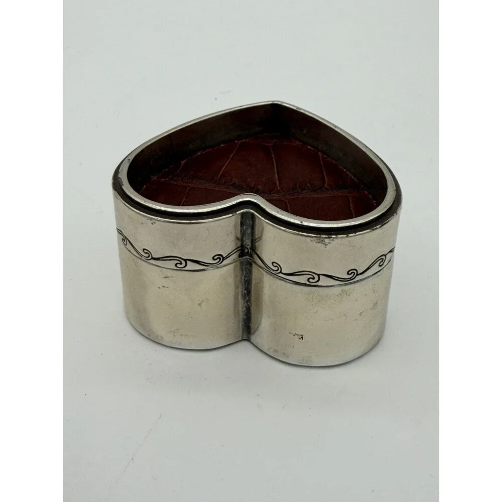 Vintage Brighton Silver Tone Trinket Box Heart Shape Leather Accents Jewelry Box